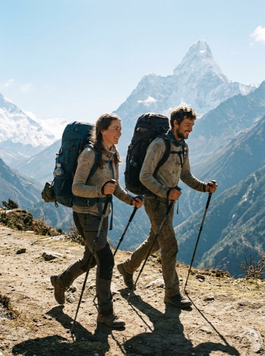 Two hikers on a mountain trail