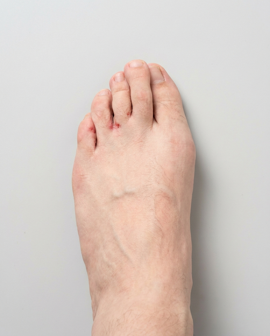 Bare foot with the toes cramped together and red friction marks between them