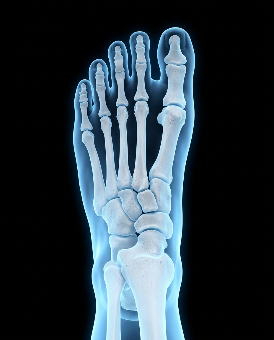 Calm blue X-ray of a healthy foot with the toes spread apart
