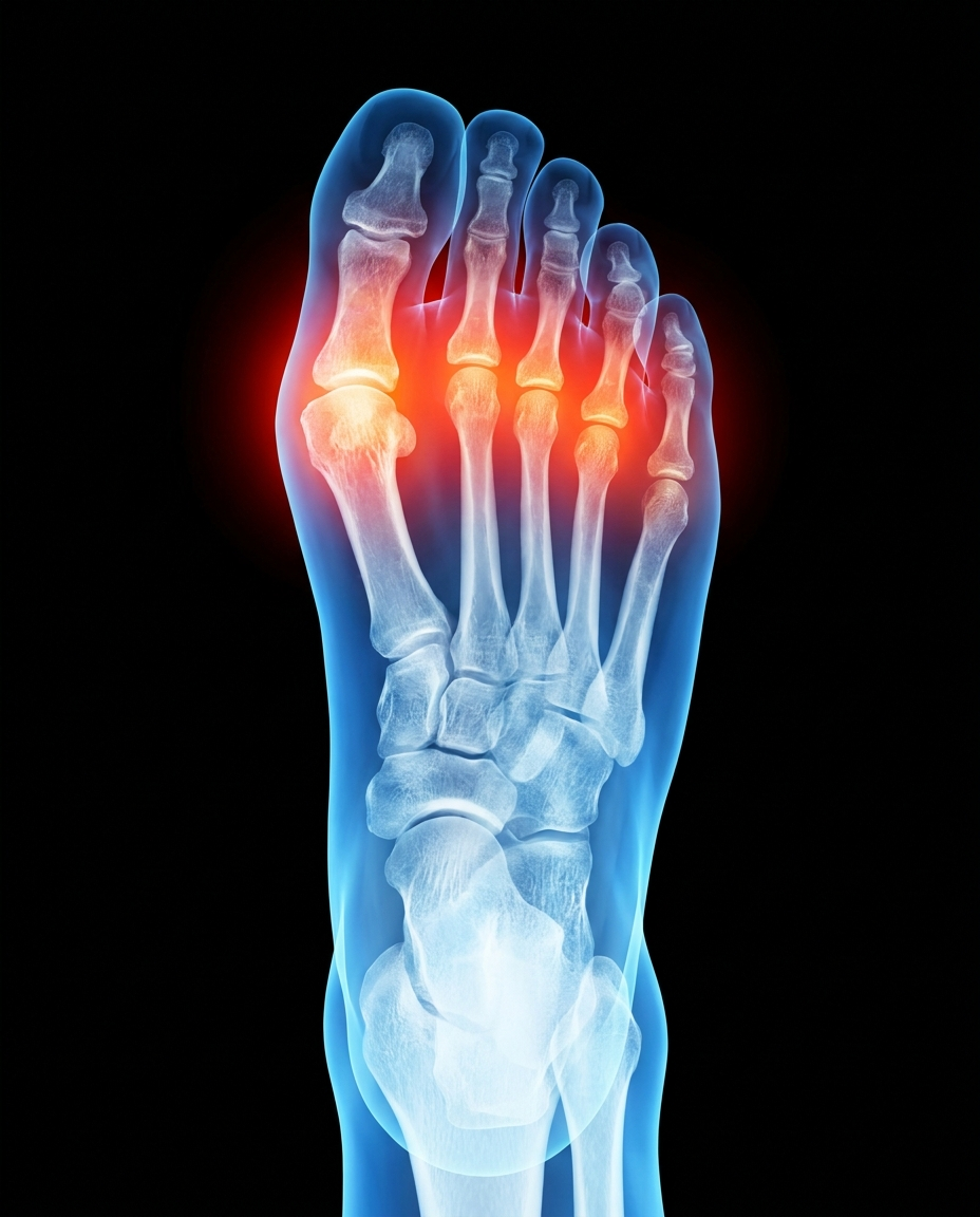 X-ray of a foot with the toes crammed and leaning together, red friction hotspots at the toe joints