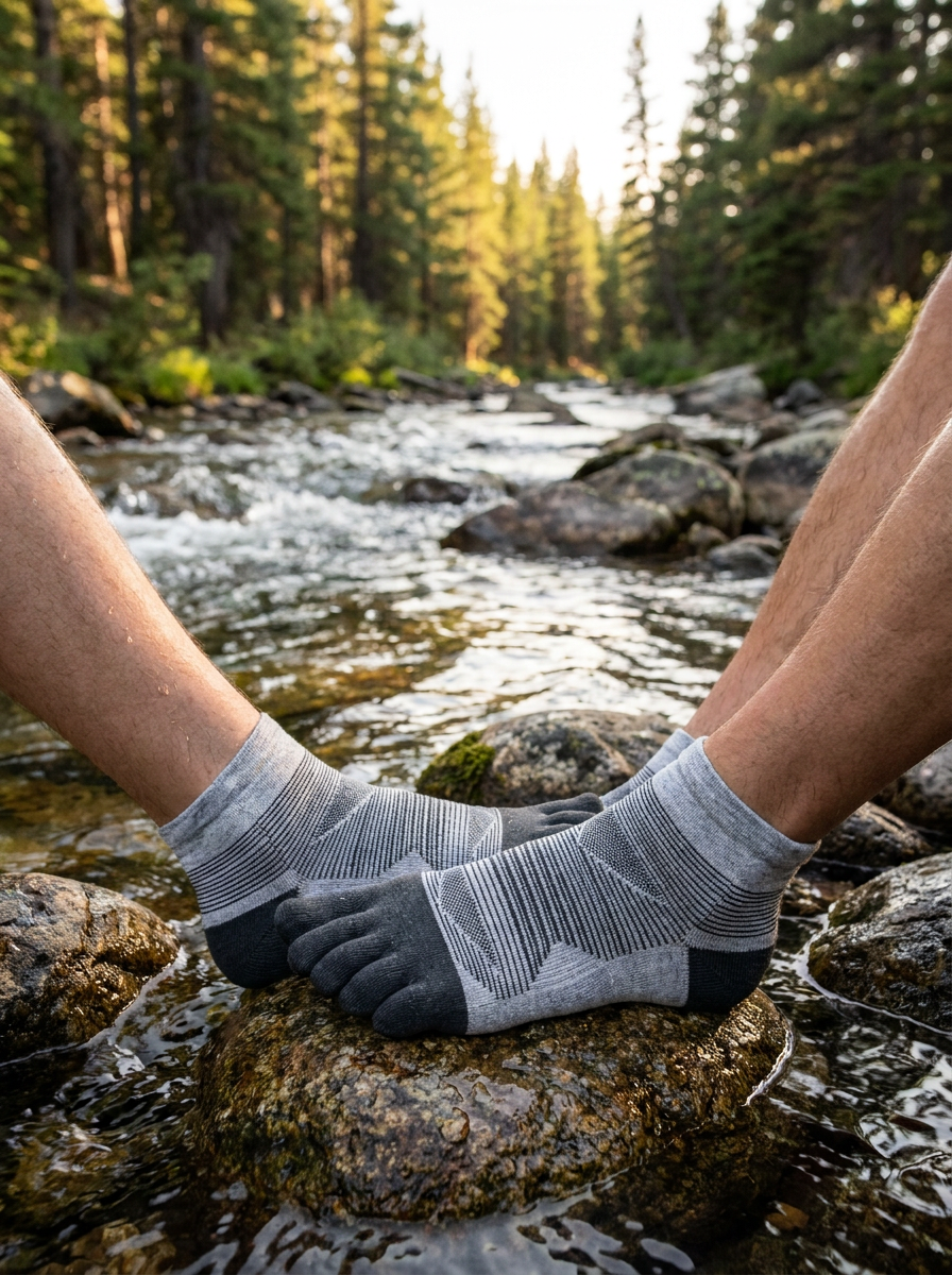 Runner's feet wearing Kaido Coolmax Performance Sport Ankle socks by a mountain stream